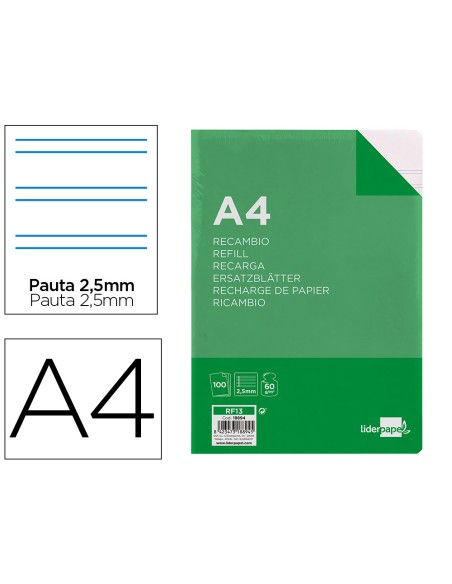 Recambio liderpapel folio 100 hojas 60g m2 pauta 5ª 25mm con margen 16 taladros