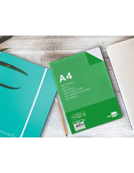 Recambio liderpapel a4 100 hojas 60g m2 cuadro 4 mm con margen 16 taladros