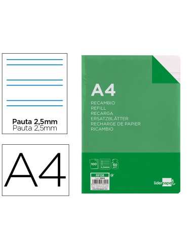 Recambio liderpapel a4 100 hojas 60g m2 pauta 5ª 25mm con margen 4 taladros