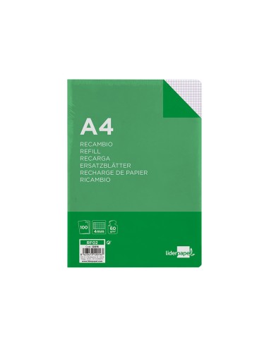 Recambio liderpapel a4 100 hojas 60g m2 cuadro 4mm con margen sin taladros