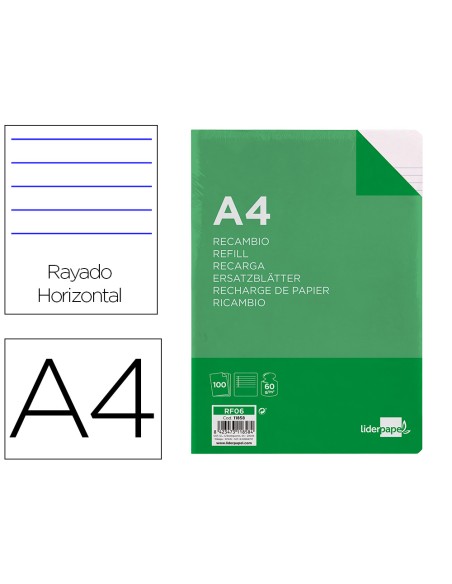 Recambio liderpapel a4 100 hojas 60g m2 horizontal con margen 4 taladros