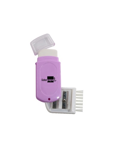 Goma de borrar liderpapel rectangular con protector plastico sacapuntas 2 usos y cepillo colores surtidos
