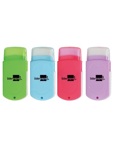 Goma de borrar liderpapel rectangular con protector plastico sacapuntas 2 usos y cepillo colores surtidos