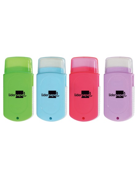Goma de borrar liderpapel rectangular con protector plastico sacapuntas 2 usos y cepillo colores surtidos Goma de borrar liderpapel rectangular con protector plastico sacapuntas 2 usos y cepillo colores surtidos