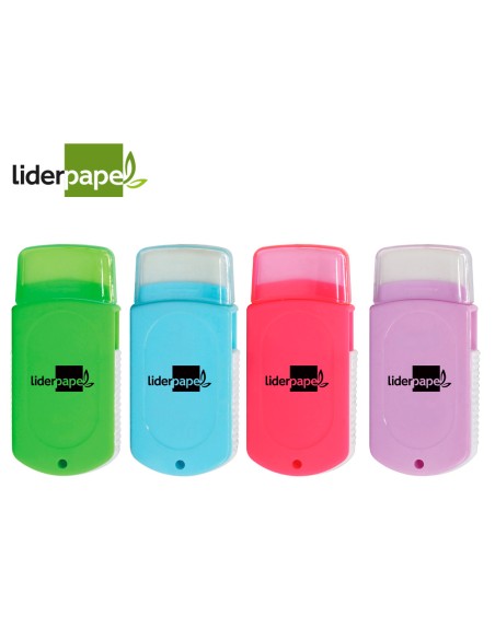Goma de borrar liderpapel rectangular con protector plastico sacapuntas 2 usos y cepillo colores surtidos Goma de borrar liderpapel rectangular con protector plastico sacapuntas 2 usos y cepillo colores surtidos