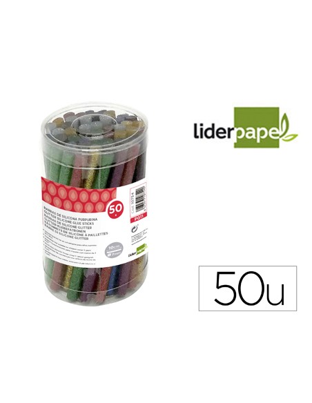 Barra termofusible purpurina liderpapel 7 mm diametro x 100 mm de alto bote 50 unidades colores surtidos