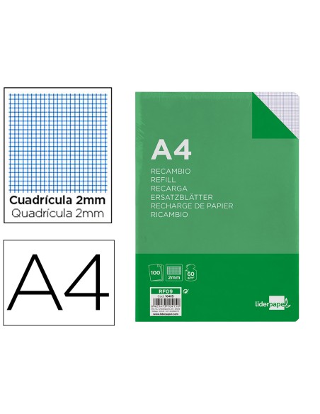 Recambio liderpapel a4 100 hojas 60g m2 milimetrado sin margen 4 taladros