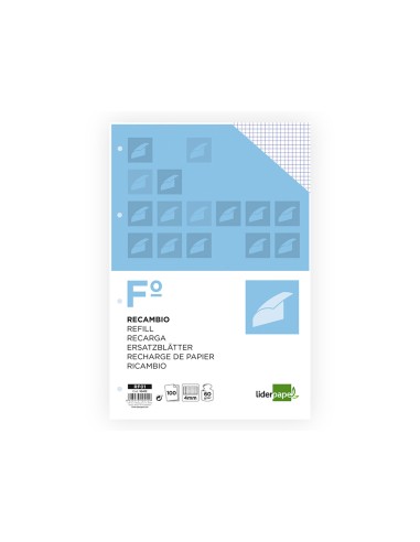 Recambio liderpapel a4 100 hojas 60g m2 cuadro 4 mm con margen 4 taladros