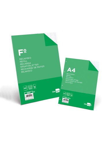 Recambio liderpapel a4 100 hojas 60g m2 cuadro 4 mm con margen 4 taladros