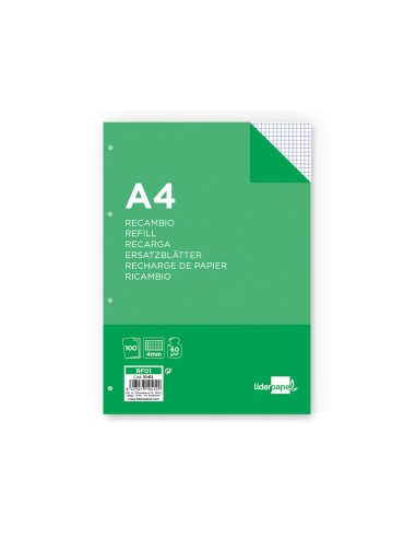 Recambio liderpapel a4 100 hojas 60g m2 cuadro 4 mm con margen 4 taladros