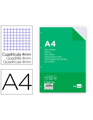 Recambio liderpapel a4 100 hojas 60g m2 cuadro 4 mm con margen 4 taladros