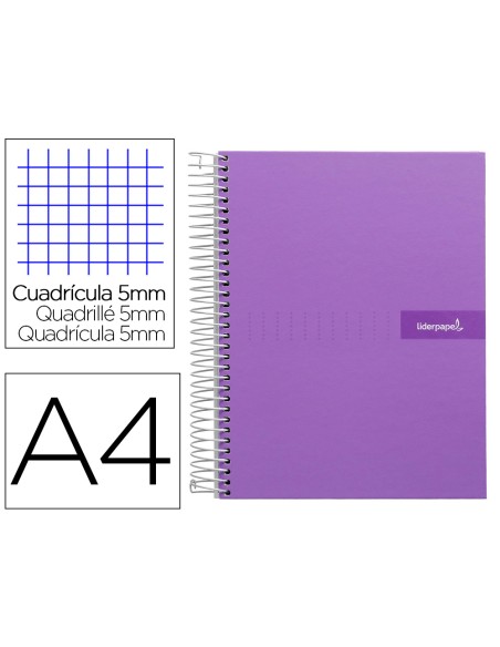 Cuaderno espiral liderpapel a4 micro crafty tapa forrada 120h 90gr cuadro 5mm 5 bandas 4 taladros color violeta