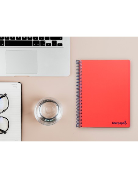 Cuaderno espiral liderpapel a5 micro wonder tapa plastico 120h 90g cuadro 5mm 5 bandas 6 taladros color rojo