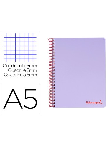 Cuaderno espiral liderpapel a5 micro wonder tapa plastico 120h 90g cuadro 5mm 5 bandas 6 taladros color violeta