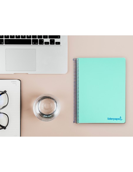 Cuaderno espiral liderpapel a5 micro wonder tapa plastico 120h 90g cuadro 5mm 5 bandas 6 taladros color verde