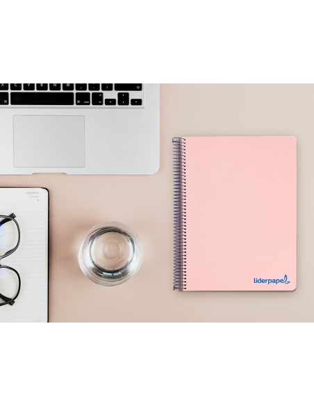Cuaderno espiral liderpapel a5 micro wonder tapa plastico 120h 90g cuadro 5mm 5 bandas 6 taladros color rosa