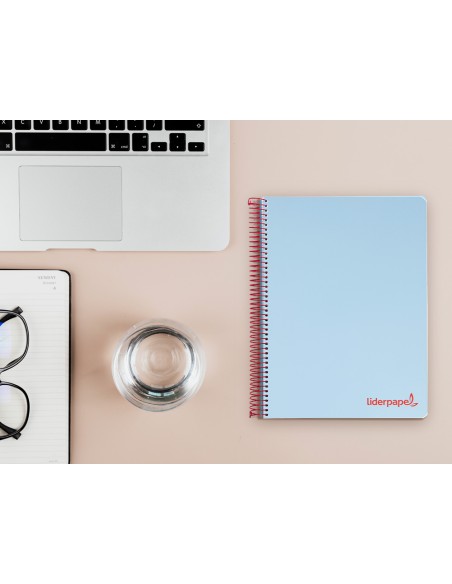 Cuaderno espiral liderpapel a5 micro wonder tapa plastico 120h 90g cuadro 5mm 5 bandas 6 taladros color celeste