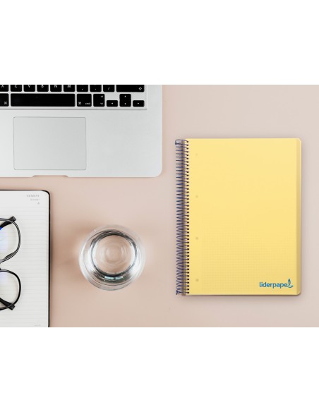 Cuaderno espiral liderpapel a5 micro wonder tapa plastico 120h 90g cuadro 5mm 5 bandas 6 taladros color amarillo