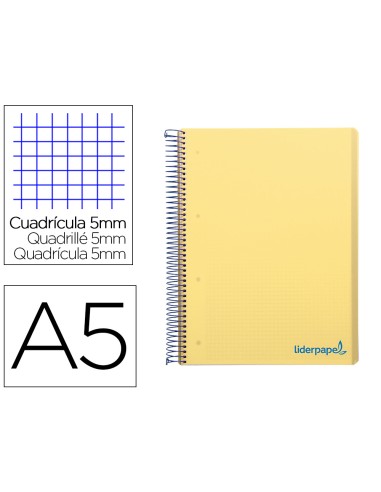 Cuaderno espiral liderpapel a5 micro wonder tapa plastico 120h 90g cuadro 5mm 5 bandas 6 taladros color amarillo