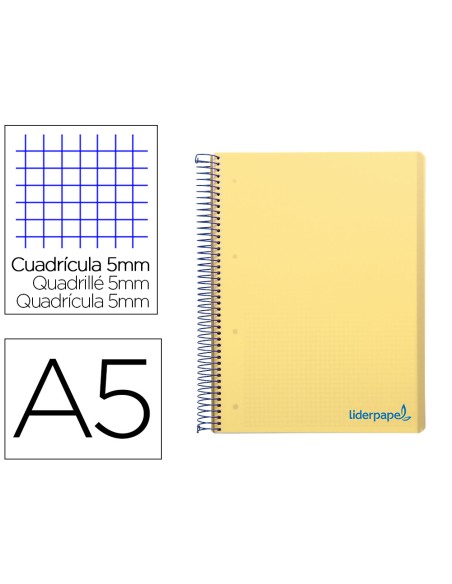 Cuaderno espiral liderpapel a5 micro wonder tapa plastico 120h 90g cuadro 5mm 5 bandas 6 taladros color amarillo