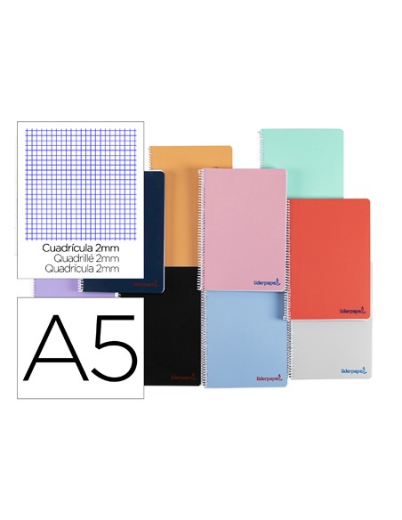 Cuaderno espiral liderpapel a5 wonder tapa plastico 80h 90g milimetrado 2mm colores surtidos