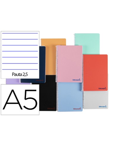 Cuaderno espiral liderpapel a5 wonder tapa plastico 80h 90g pauta estrecha 25mm con margen colores surtidos