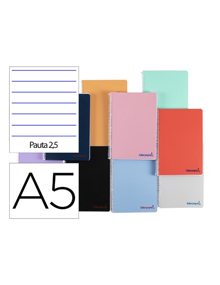 Cuaderno espiral liderpapel a5 wonder tapa plastico 80h 90g pauta estrecha 25mm con margen colores surtidos