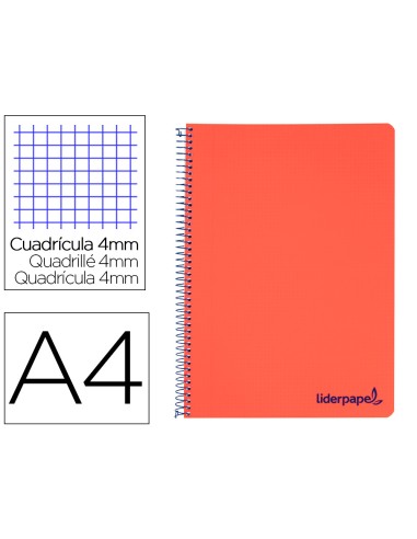 Cuaderno espiral liderpapel a4 wonder tapa plastico 80h 90gr cuadro 4mm con margen color rojo