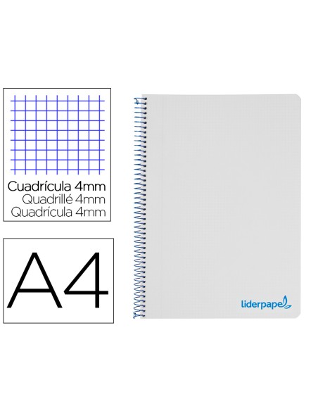 Cuaderno espiral liderpapel a4 wonder tapa plastico 80h 90gr cuadro 4mm con margen color gris