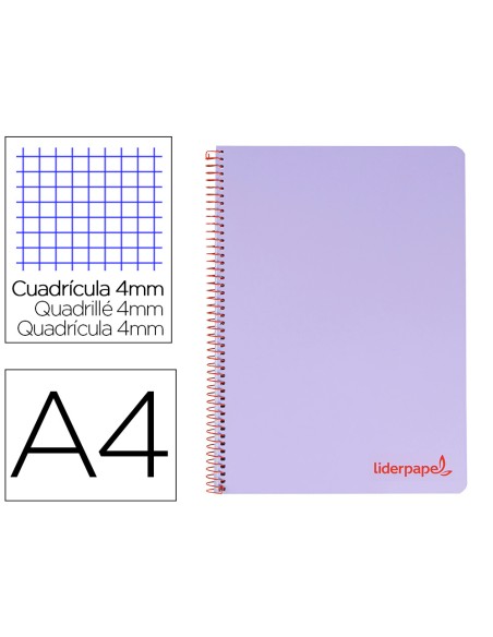 Cuaderno espiral liderpapel a4 wonder tapa plastico 80h 90gr cuadro 4mm con margen color violeta