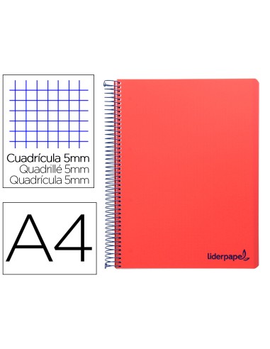 Cuaderno espiral liderpapel a4 micro wonder tapa plastico 120h 90 gr cuadro 5 mm 5 bandas 4 taladros color rojo