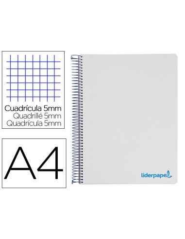 Cuaderno espiral liderpapel a4 micro wonder tapa plastico 120h 90 gr cuadro 5 mm 5 bandas 4 taladros color gris