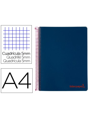 Cuaderno espiral liderpapel a4 micro wonder tapa plastico 120h 90 gr cuadro 5 mm 5 banda4 taladros color azul marino