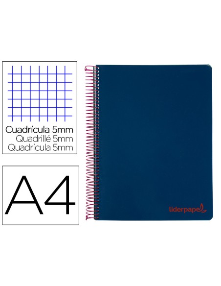 Cuaderno espiral liderpapel a4 micro wonder tapa plastico 120h 90 gr cuadro 5 mm 5 banda4 taladros color azul marino
