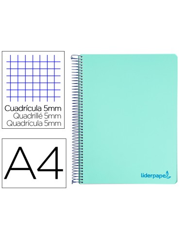 Cuaderno espiral liderpapel a4 micro wonder tapa plastico 120h 90 gr cuadro 5 mm 5 bandas 4 taladros color verde