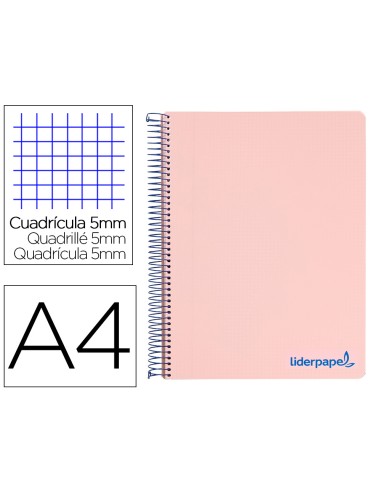 Cuaderno espiral liderpapel a4 micro wonder tapa plastico 120h 90 gr cuadro 5 mm 5 bandas 4 taladros color rosa