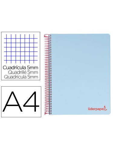 Cuaderno espiral liderpapel a4 micro wonder tapa plastico 120h 90 gr cuadro 5 mm 5 banda4 taladros color celeste