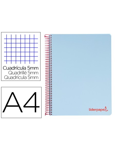 Cuaderno espiral liderpapel a4 micro wonder tapa plastico 120h 90 gr cuadro 5 mm 5 banda4 taladros color celeste