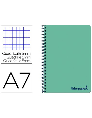 Cuaderno espiral liderpapel a7 micro wonder tapa plastico 100h 90 gr cuadro 5mm 4 bandas color verde