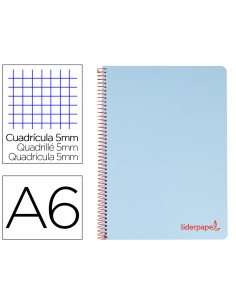 Cuaderno espiral liderpapel a6 micro wonder tapa plastico 120h 90 gr cuadro 5mm 4 bandas color celeste