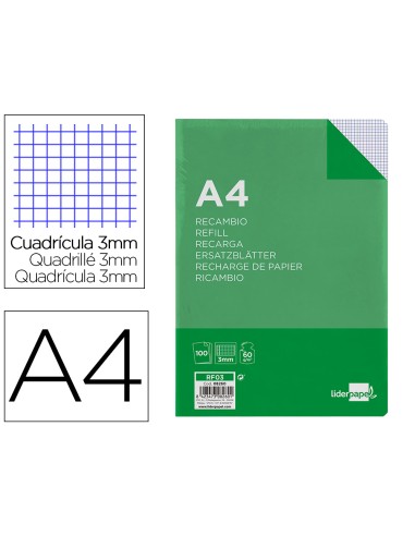 Recambio liderpapel a4 100 hojas 60g m2 cuadro 3 mm con margen 4 taladros