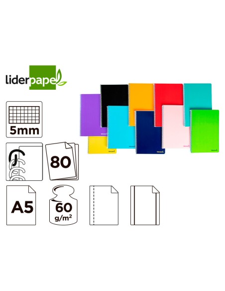 Cuaderno espiral liderpapel a5 micro smart tapa blanda 80h60gr cuadro 5mm 6 taladros colores surtidos