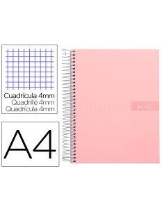Cuaderno espiral liderpapel a4 crafty tapa forrada 80h 90 gr cuadro 4mm con margen color rosa
