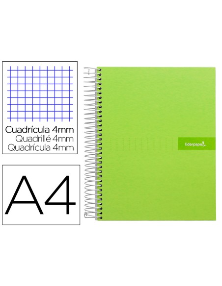 Cuaderno espiral liderpapel a4 crafty tapa forrada 80h 90 gr cuadro 4mm con margen color verde