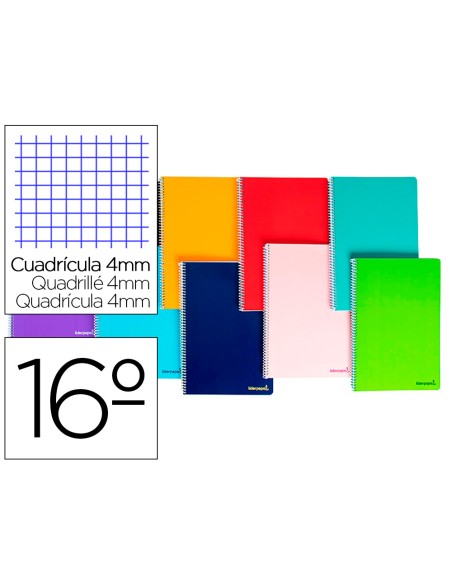 Cuaderno espiral liderpapel bolsillo dieciseavo smart tapa blanda 80h 60gr cuadro 4mm colores surtidos Cuaderno espiral liderpapel bolsillo dieciseavo smart tapa blanda 80h 60gr cuadro 4mm colores surtidos