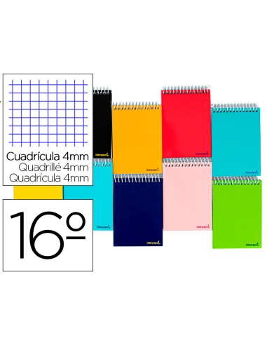 Cuaderno espiral liderpapel bolsillo dieciseavo apaisado smart tapa blanda 80h 60gr cuadro 4mm colores surtidos