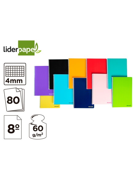 Cuaderno espiral liderpapel bolsillo octavo smart tapa blanda 80h 60gr cuadro 4mm colores surtidos Cuaderno espiral liderpapel bolsillo octavo smart tapa blanda 80h 60gr cuadro 4mm colores surtidos