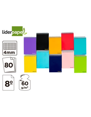 Cuaderno espiral liderpapel bolsillo octavo apaisado smart tapa blanda 80h 60gr cuadro 4mm colores surtidos