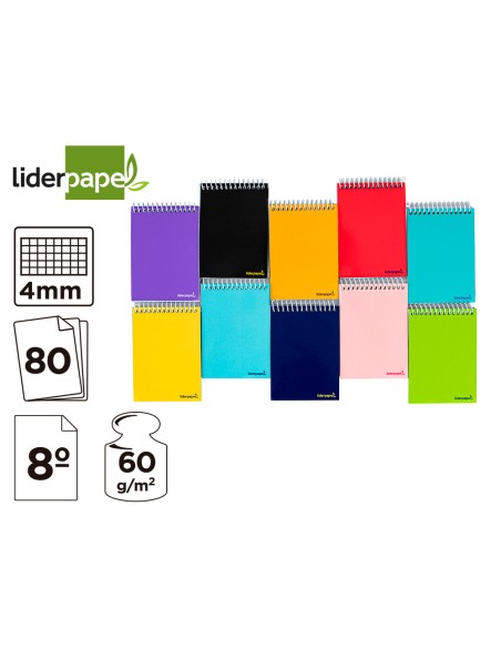 Cuaderno espiral liderpapel bolsillo octavo apaisado smart tapa blanda 80h 60gr cuadro 4mm colores surtidos Cuaderno espiral liderpapel bolsillo octavo apaisado smart tapa blanda 80h 60gr cuadro 4mm colores surtidos