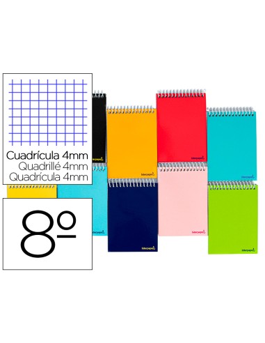 Cuaderno espiral liderpapel bolsillo octavo apaisado smart tapa blanda 80h 60gr cuadro 4mm colores surtidos